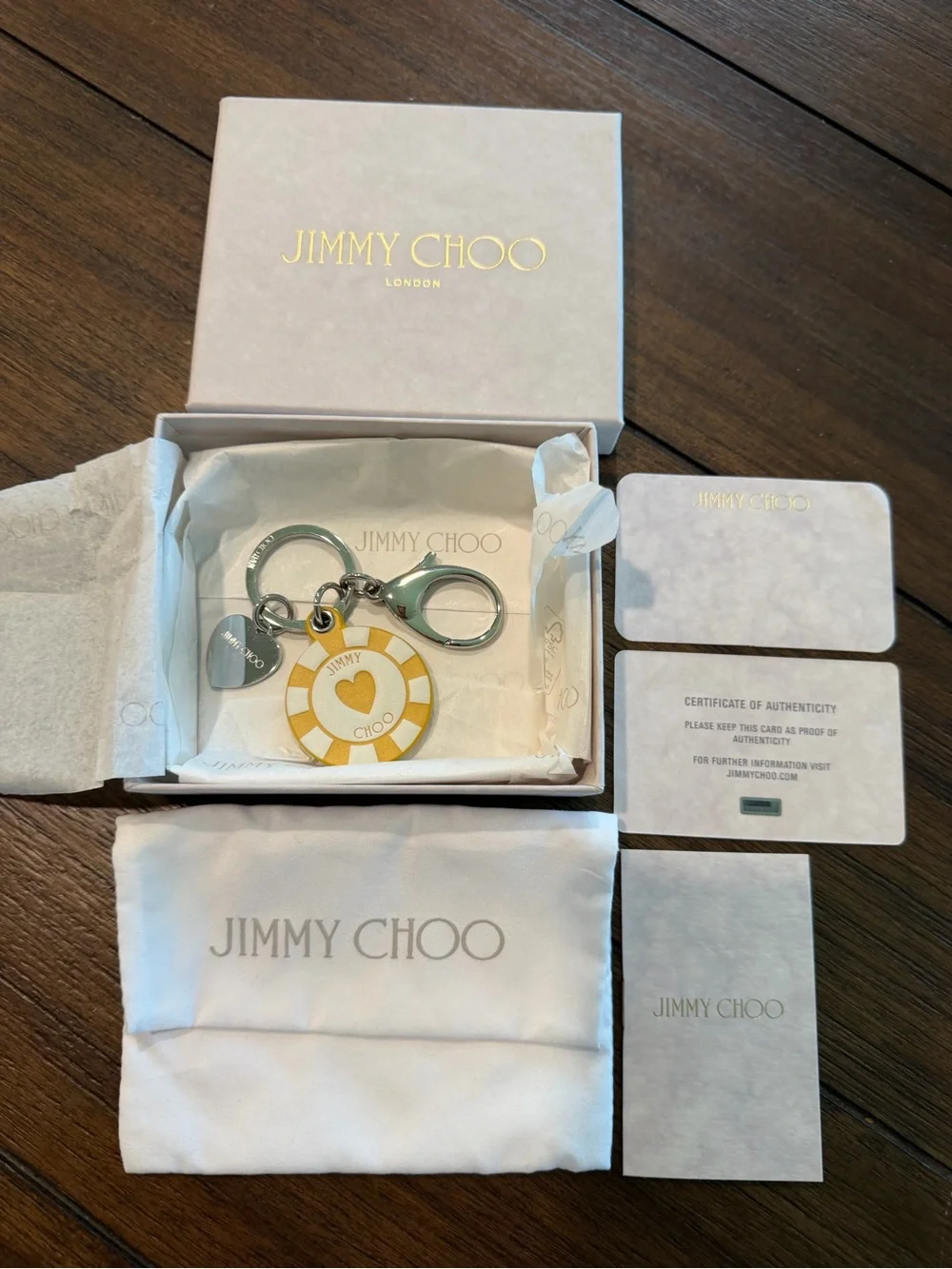 Jimmy Choo Yellow and White Poker Chip Heart Keyring with Silver Hardware